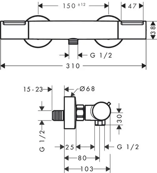 Brausethermostat in Chrom von Hansgrohe, dargestellt in technischen Zeichnungen mit Abmessungen und Anschlussdetails, einschließlich G 1/2 Gewinde.
